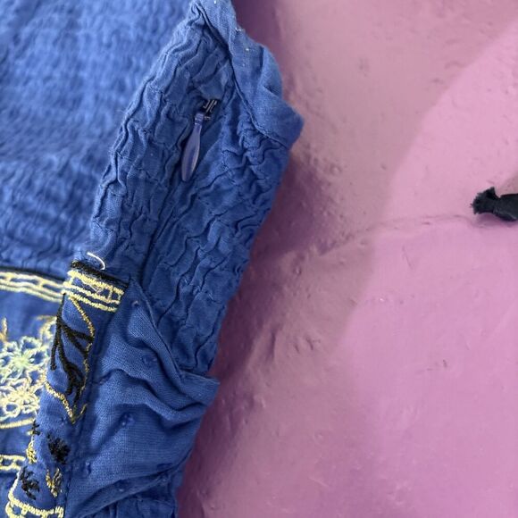 Free People Smocked Embroidered Ruffles Tunic Royal Blue Sz 4 - Picture 8 of 13